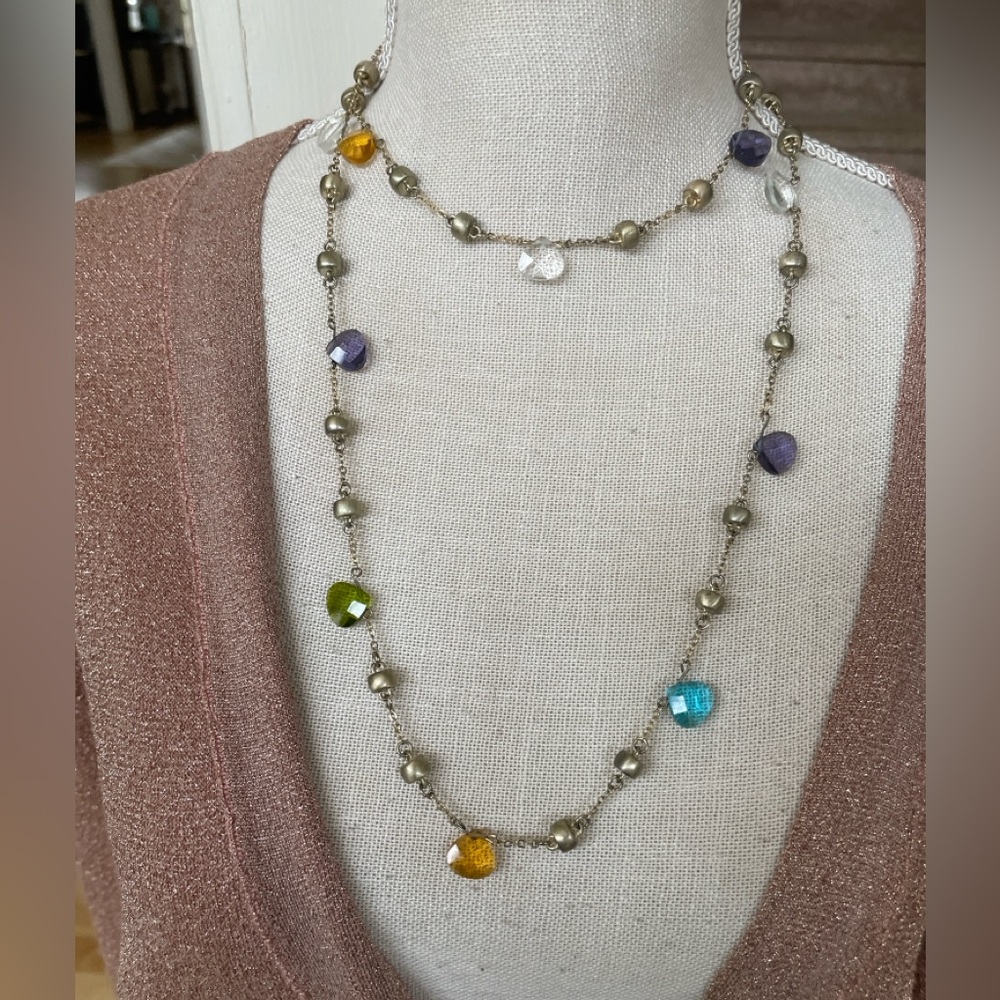 Beautiful designer long silver necklace with Multicolored stones